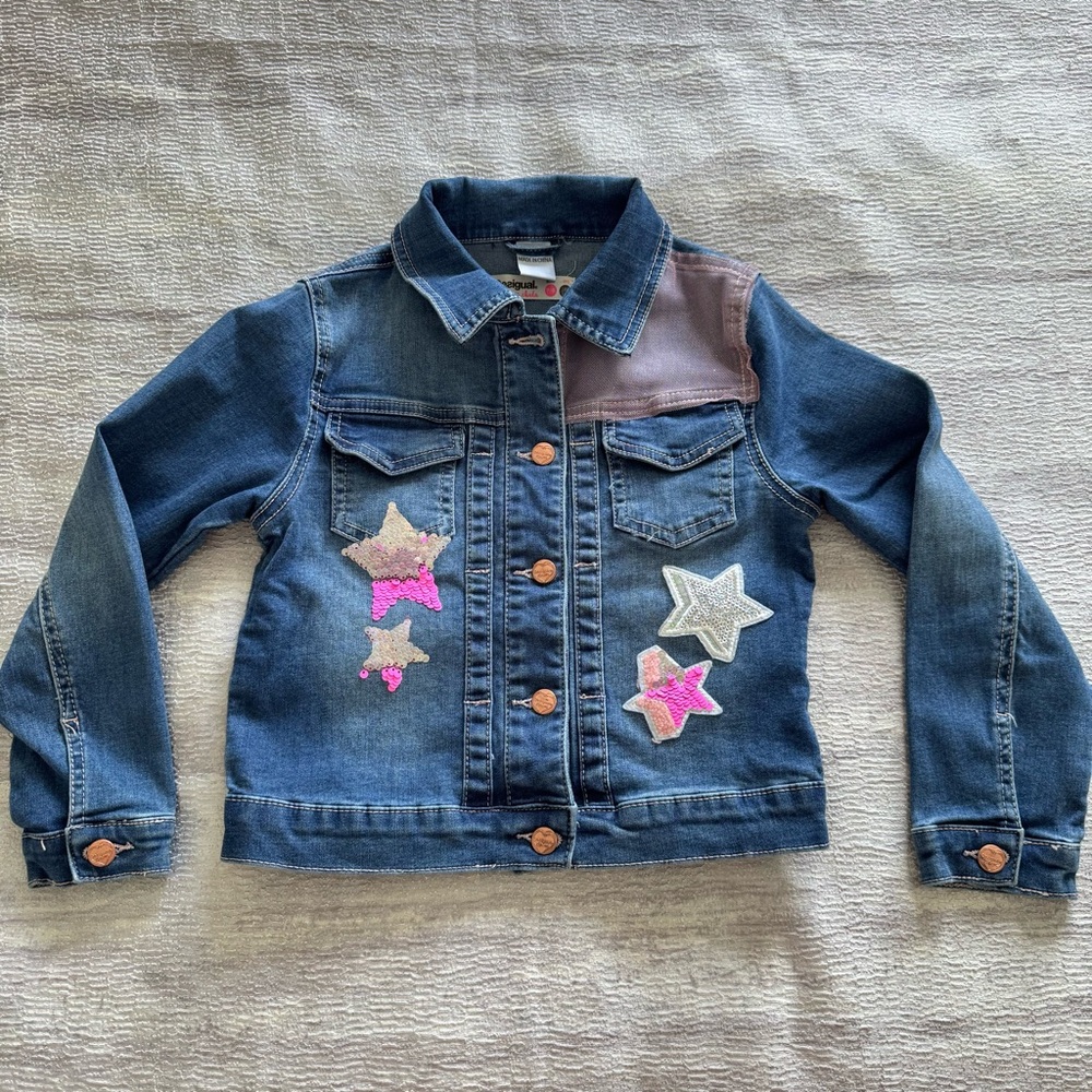 Desigual Kids Denim Jacket With Pink And White Star Accents, Size 7/8